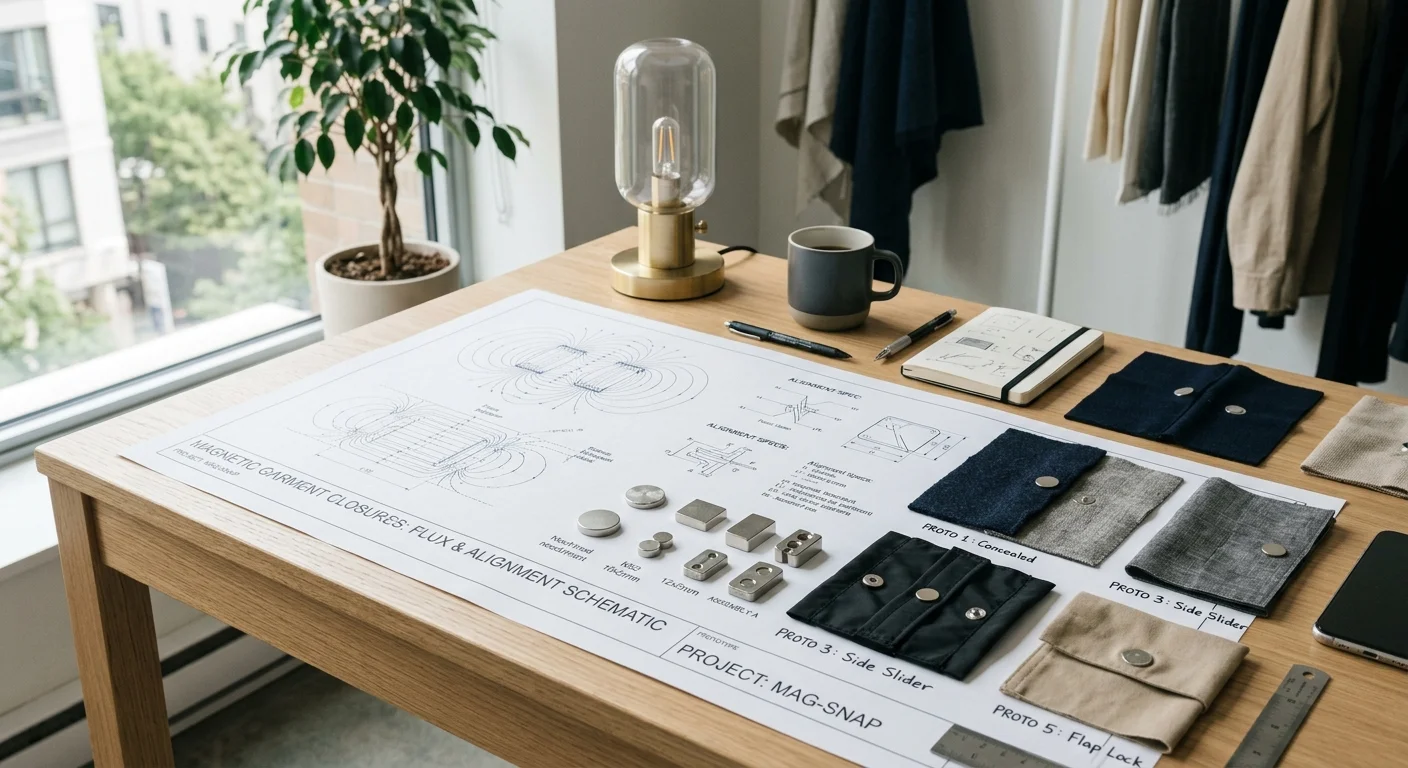 Novo zíper agora com ímãs: peças magnéticas circulares e retangulares sobre esquema técnico e protótipos de tecido na mesa.