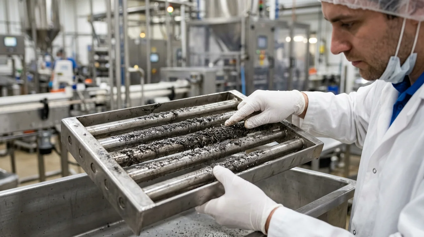 Separador magnético em grade com resíduos metálicos, seguro por técnico em planta alimentícia para descontaminação.