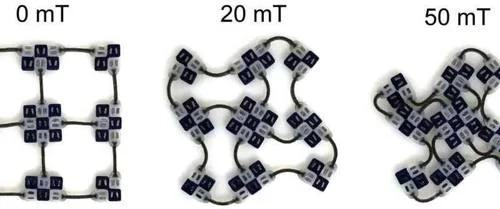 Blocos de construção magnéticos: Três configurações de módulos quadrados interligados, de grade 3x3 a formas densas e irregulares.