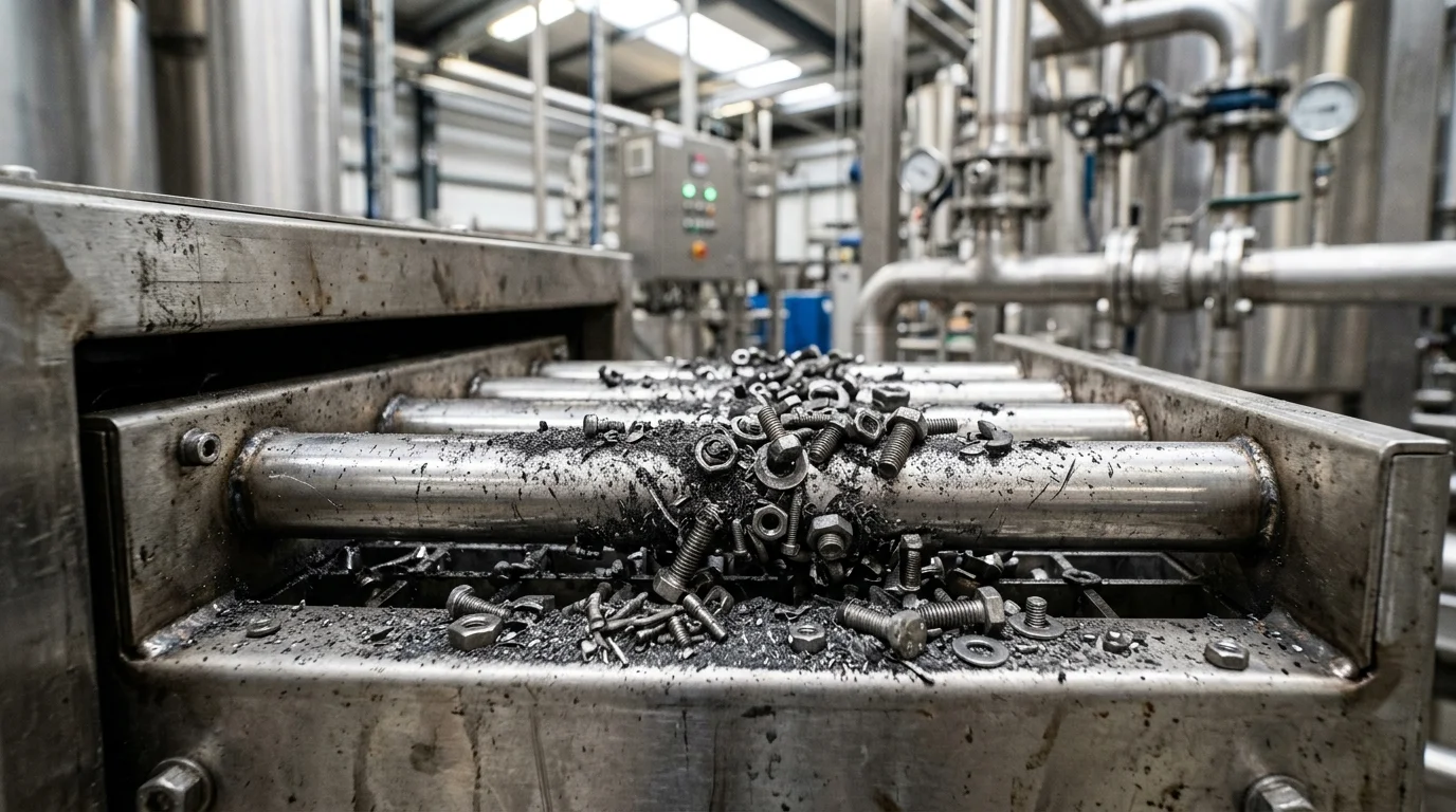 Separador magnético em grade de aço inox atraindo parafusos e limalhas metálicas sobre barras cilíndricas alinhadas.