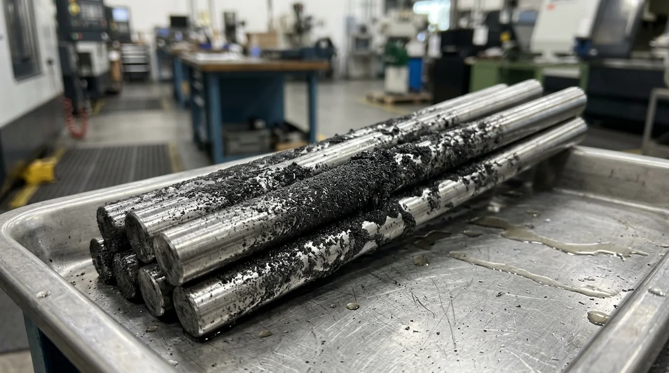 Filtro magnético para linha de líquidos: barras metálicas cilíndricas cobertas por partículas pretas em bandeja de inox.