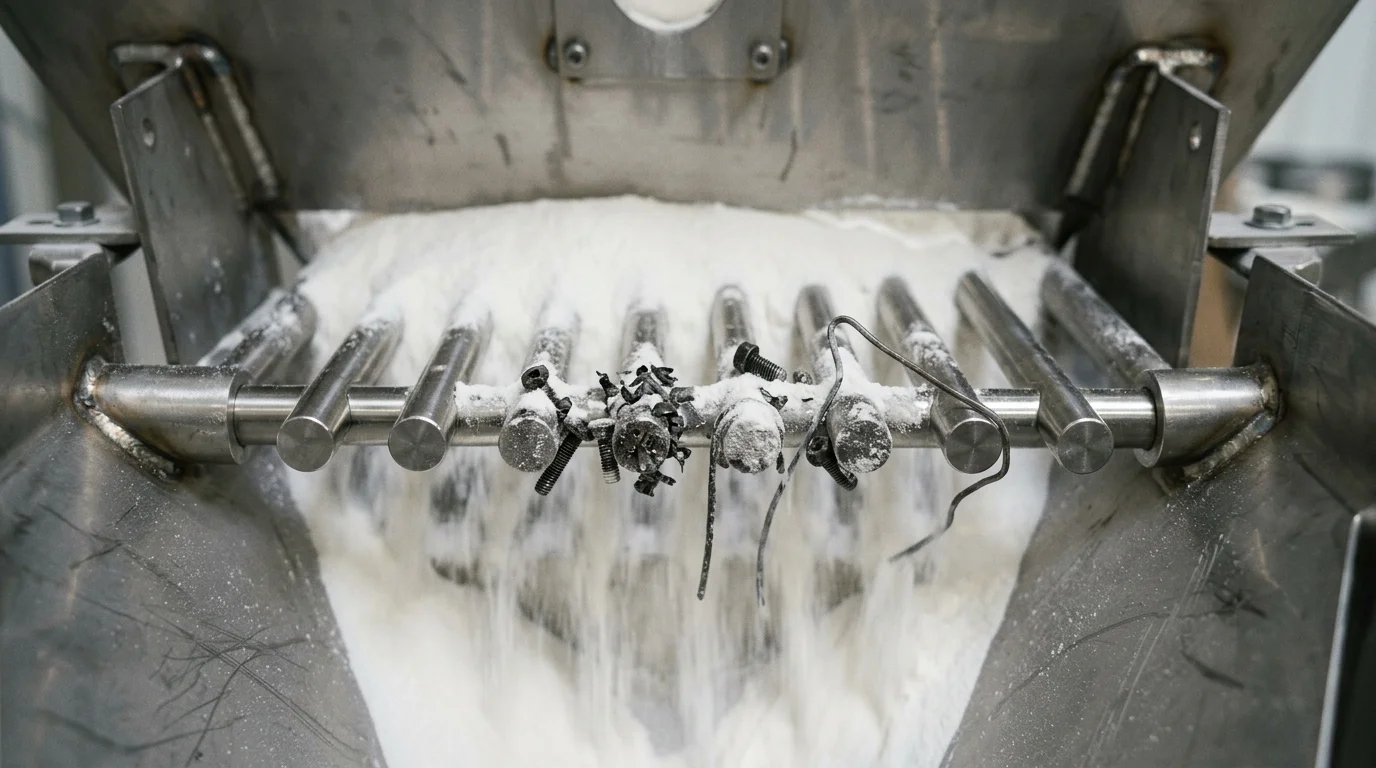 Separador magnético na prática com grade de aço retendo parafusos e arames metálicos em fluxo de pó branco.