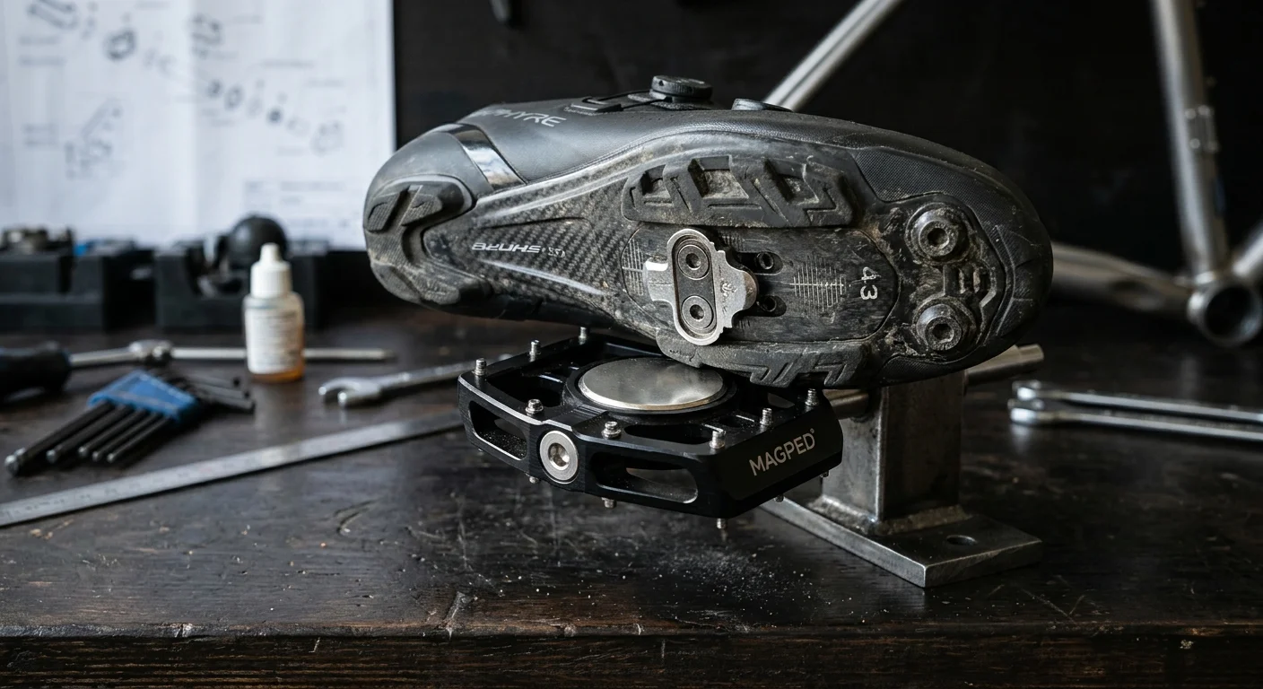 Pedais magnéticos Magped inovação para o ciclismo. Sola de sapatilha com placa metálica sobre pedal plano preto em oficina.