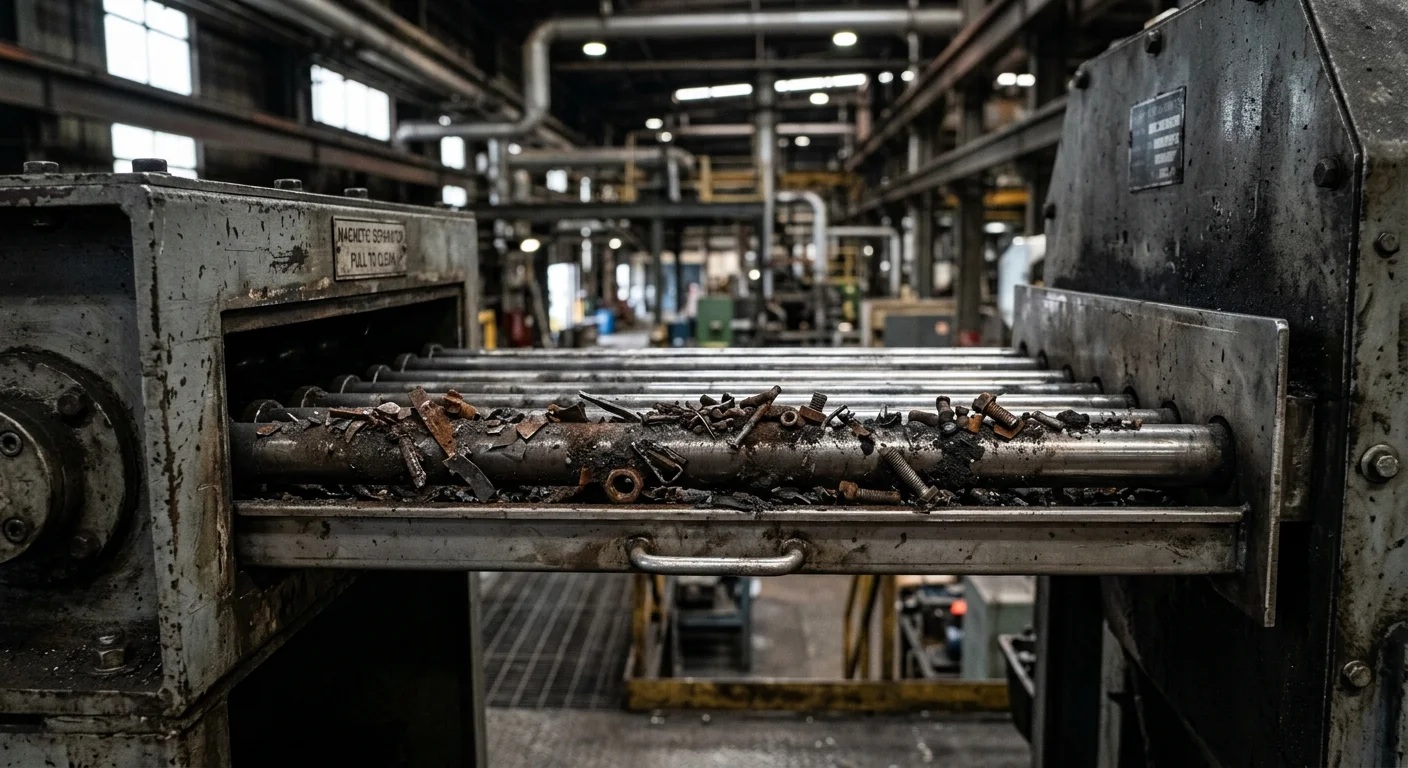 Separador magnético com sucatas e parafusos oxidados presos a rolos de aço, garantindo a segurança da sua linha industrial.