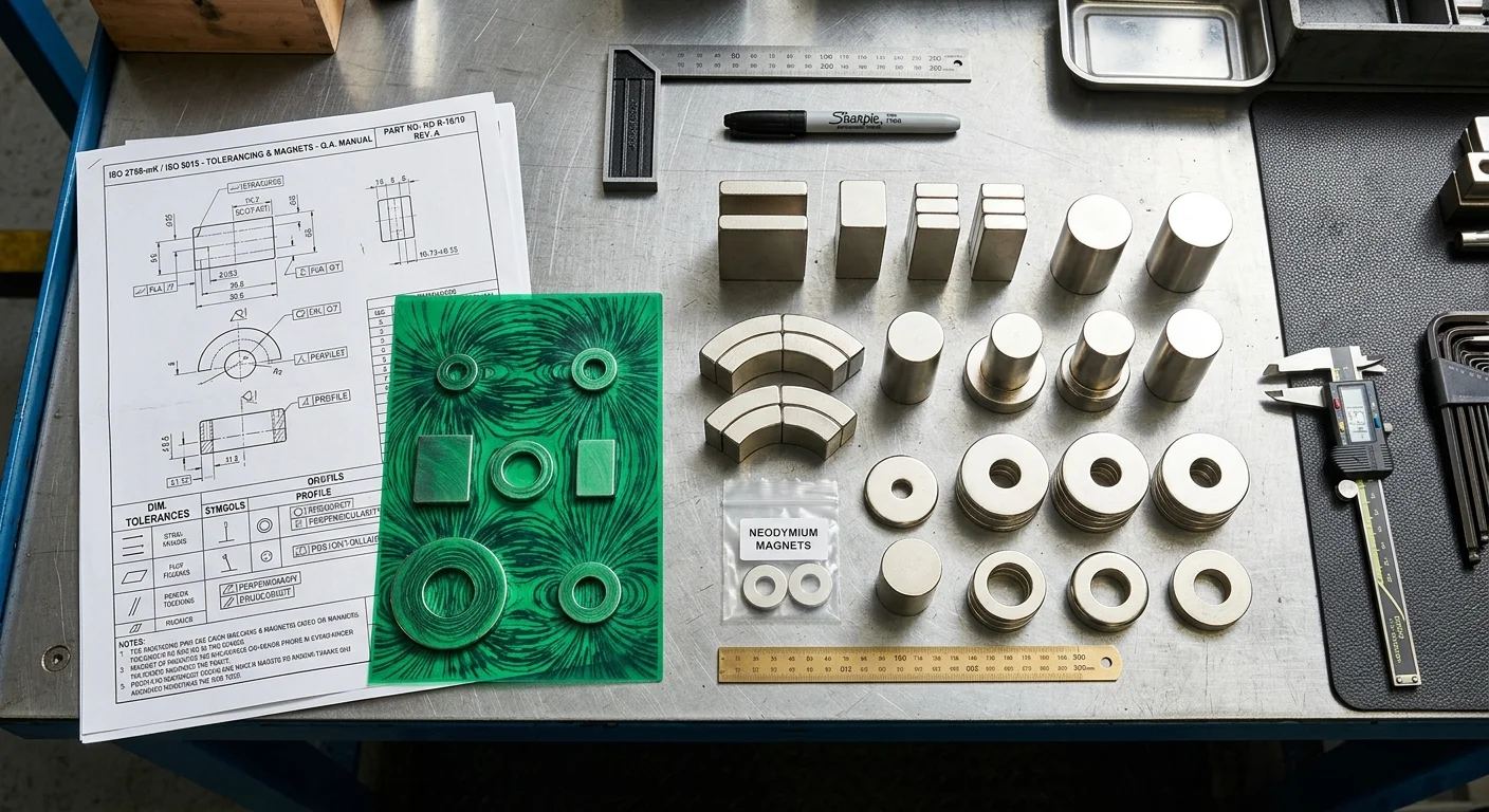 Dimensões e tolerâncias dos ímãs de neodímio: blocos, anéis e cilindros sobre bancada metálica com paquímetro e desenho técnico.