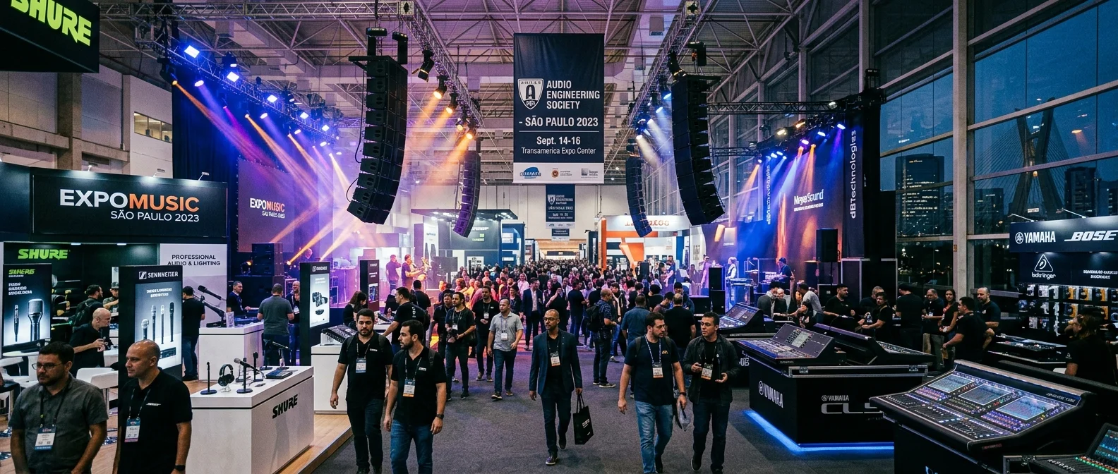 Feira da música – Expomusic – ocorre em Setembro com fabricantes de alto-falantes, captadores em São Paulo.