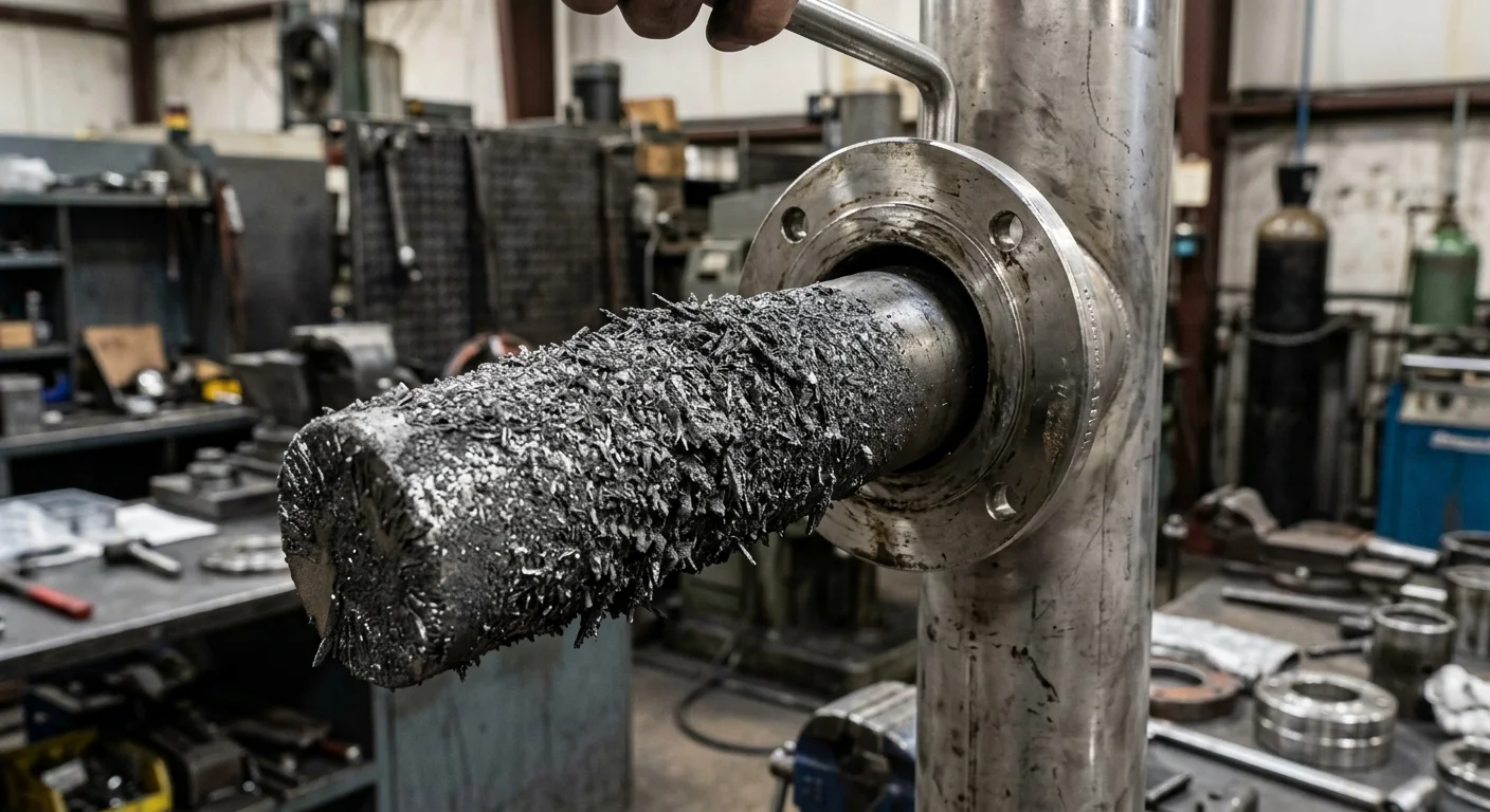 Filtro magnético industrial cilíndrico coberto por contaminação ferrosa, acoplado a uma flange de tubulação metálica.