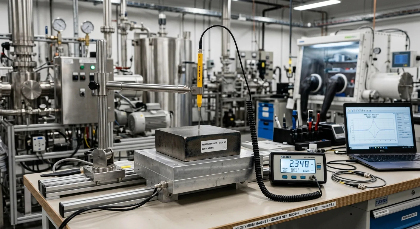 Ímã de neodímio em formato de bloco sob medição de sensor em laboratório, com visor digital e notebook sobre bancada técnica.