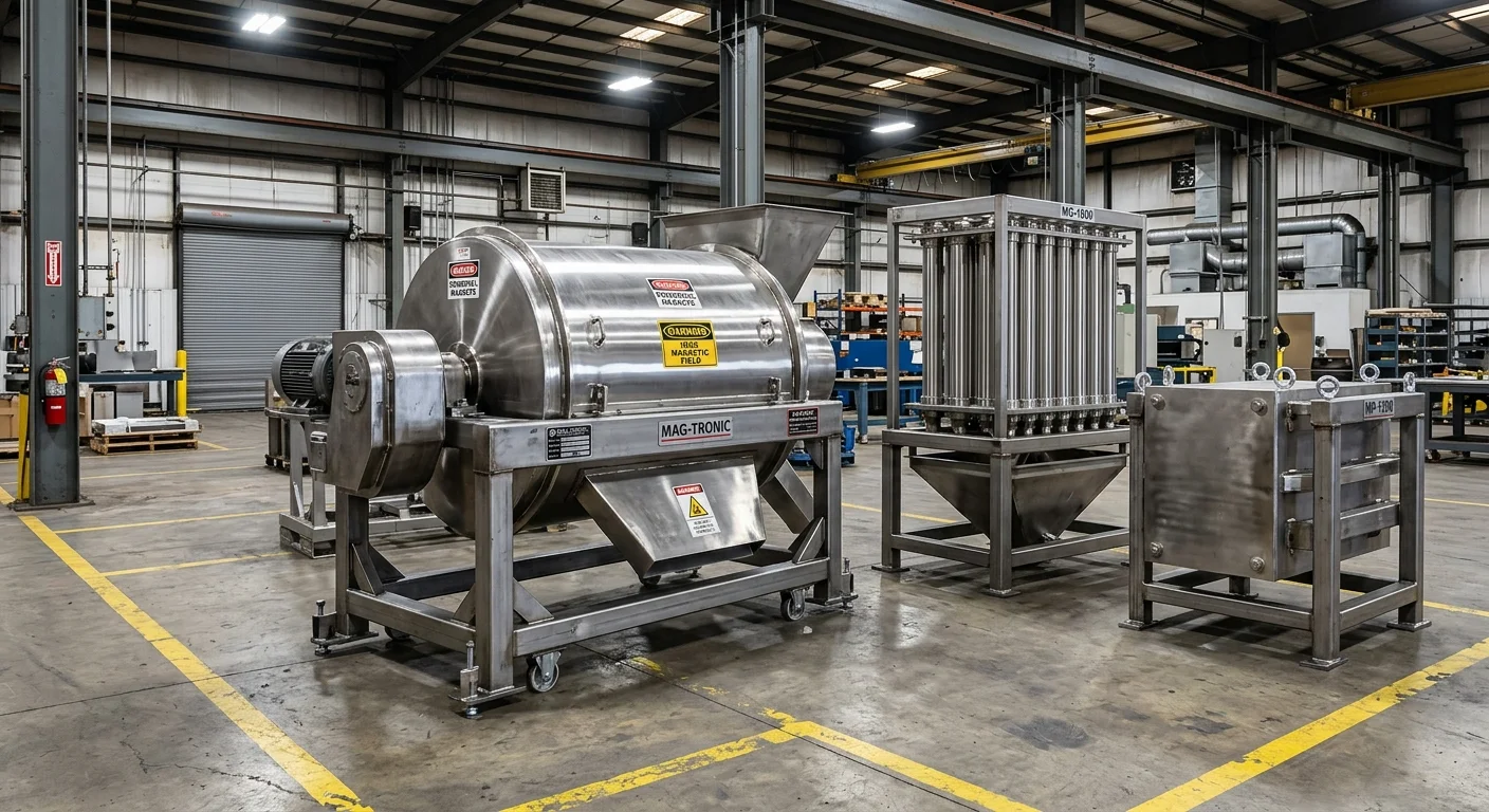 Ímãs industriais: separador magnético de tambor e grades em aço inox alinhados em galpão. Guia de fornecedor para a escolha.