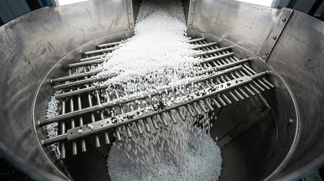 Grade magnética instalada em funil circular, filtrando grânulos brancos e retendo resíduos metálicos para máxima eficiência.