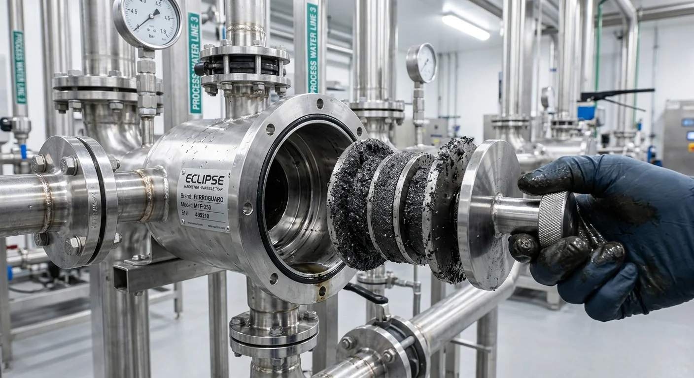 Filtro e grade magnética: mão enluvada retira núcleo de discos com resíduo escuro de uma tubulação industrial de aço inox.