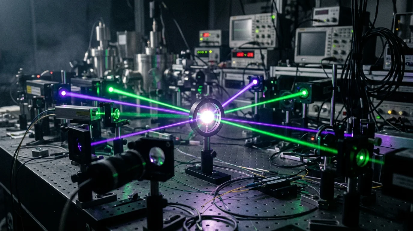 Hologramas 3d verdadeiros através de partículas formados por lasers verdes e roxos convergindo em um suporte circular.
