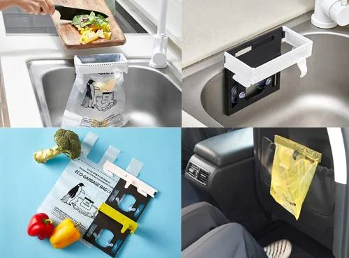 Sacos e suportes organizadores de lixo: um saco em pia de cozinha, suporte com ventosa na pia, sacos ecológicos com vegetais, e um saco amarelo no ...