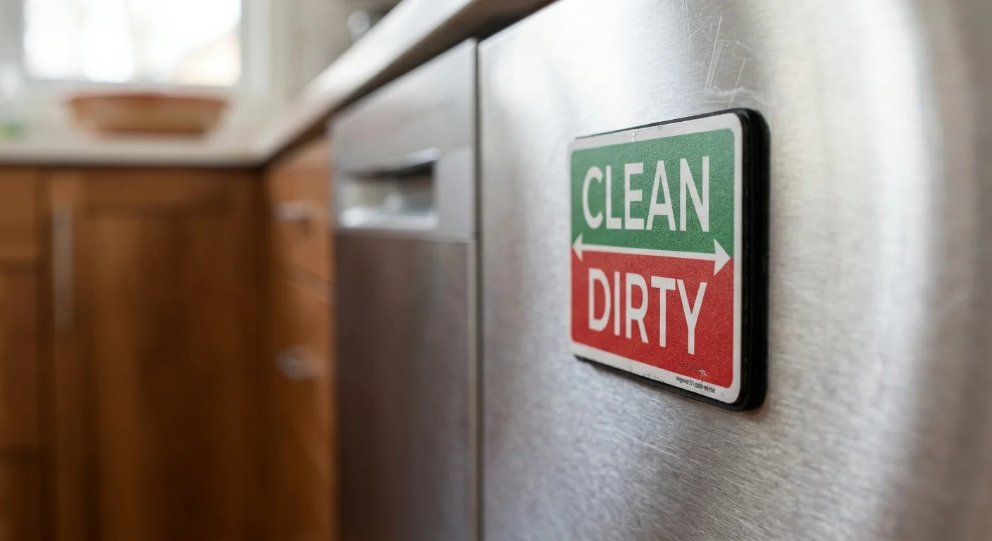 Imã informa se as louças estão limpas, placa retangular bicolor Clean e Dirty fixada em lava-louças de aço inox.