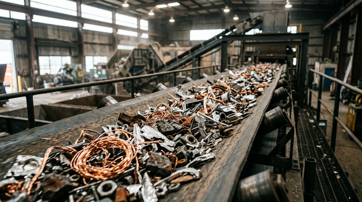 Ímã pega em cobre: fios de cobre e sucata metálica misturados sobre esteira industrial. Física aplicada na indústria.