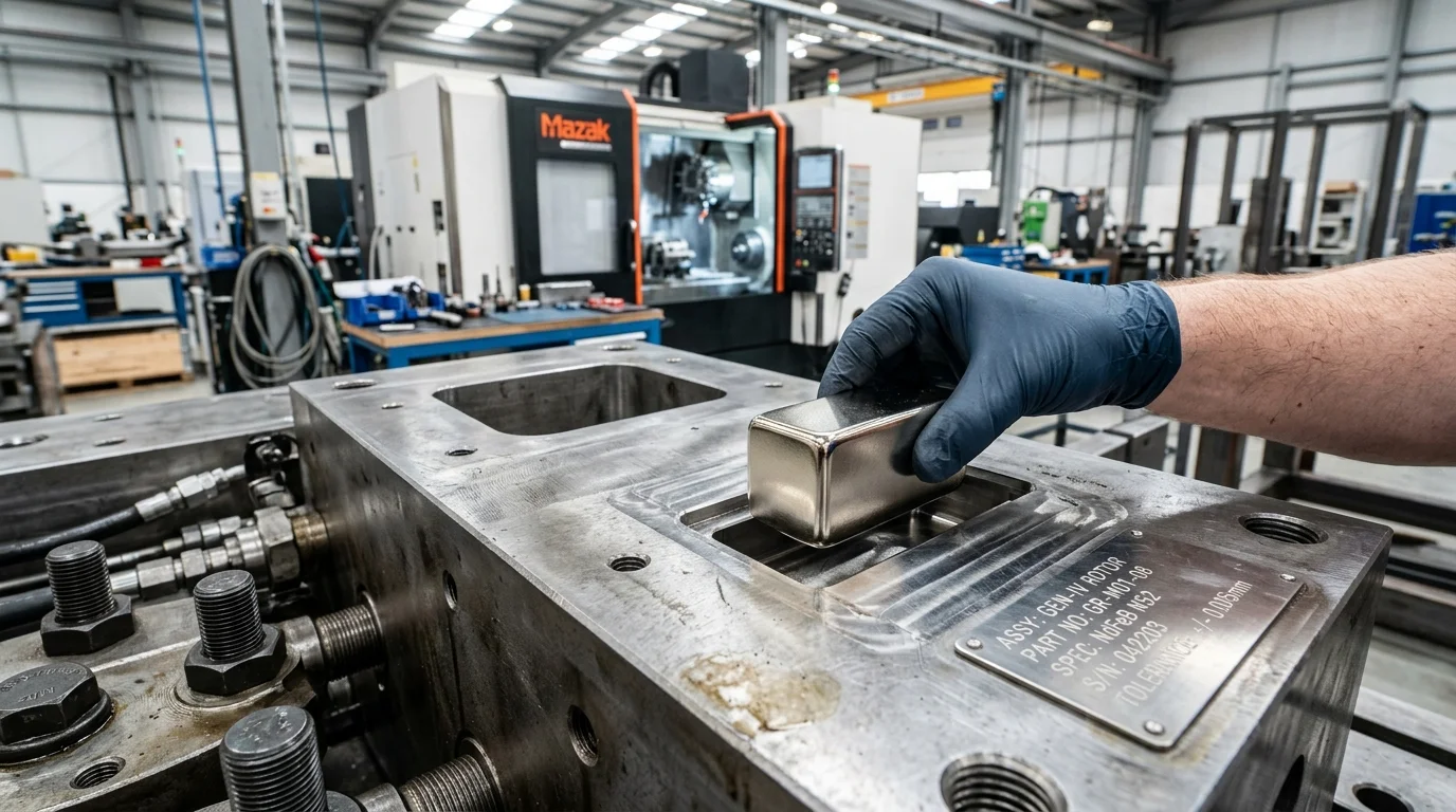 Ímãs de neodímio para escolher o ideal: bloco retangular metálico segurado por mão com luva azul em maquinário industrial.