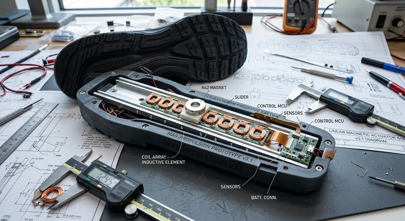 Protótipo de ímãs em sapatos para gerar energia com bobinas de cobre, sensores e ferramentas sobre diagramas técnicos.