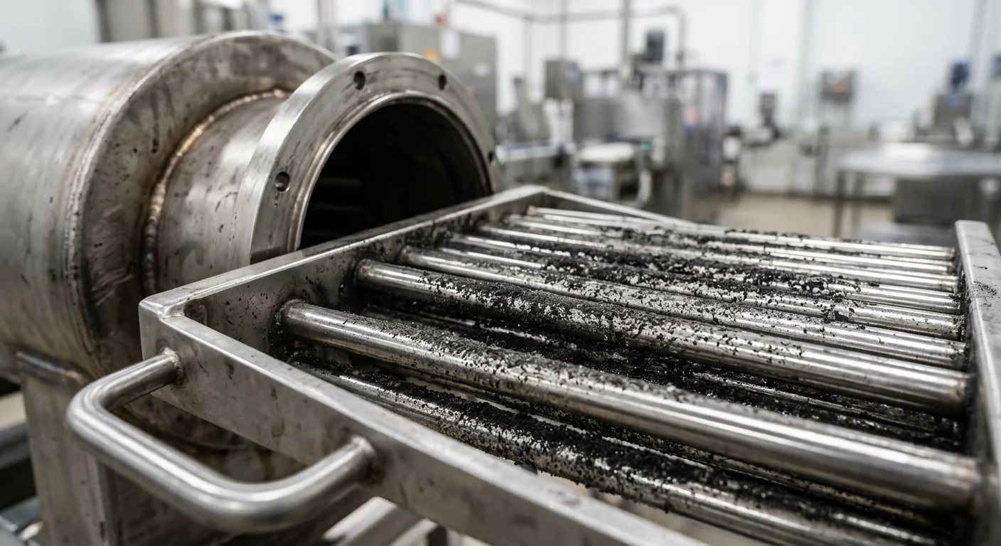 Ímãs na indústria alimentícia: grade magnética de aço inox com barras paralelas cobertas por resíduos pretos em duto HACCP.