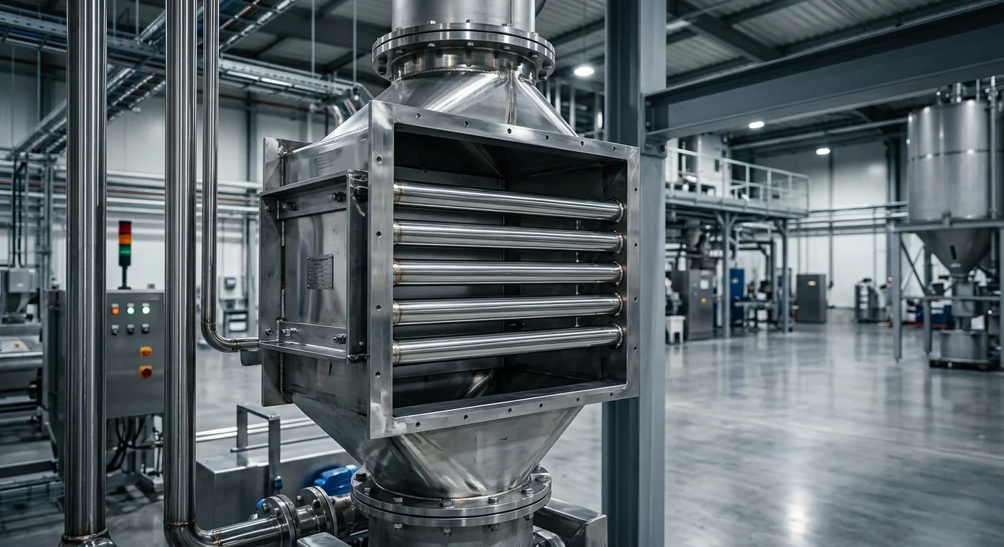 Ímãs em grade magnética industrial de aço inox com barras horizontais paralelas instalada em duto metálico de fábrica.