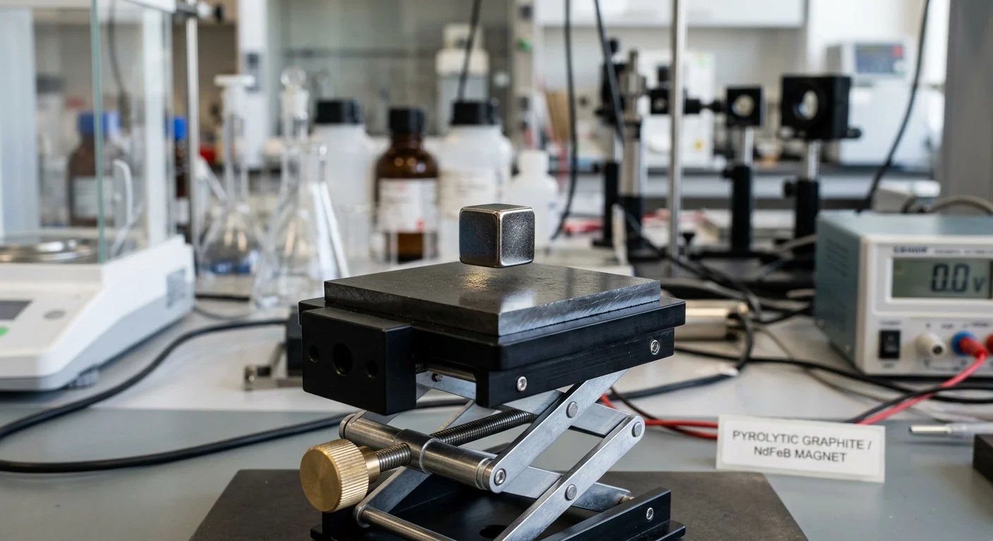 Levitação magnética ai inner ae941: pequeno cubo metálico flutuando sobre base de grafite em um suporte de laboratório.