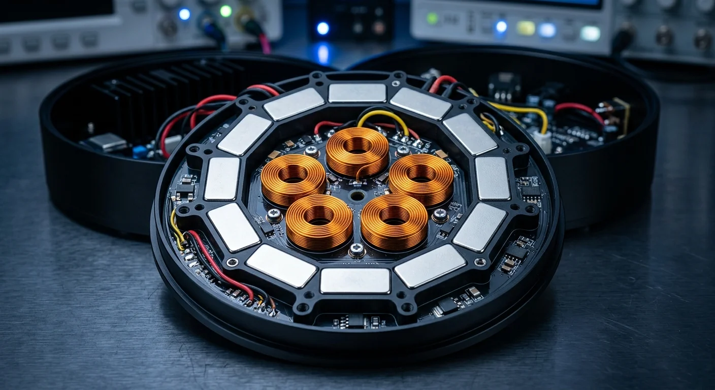 Levitron, o brinquedo dos adultos: visão interna com quatro bobinas de cobre e oito ímãs em base circular eletrônica.