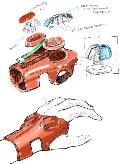 Luva para Parkinson: Esboços de um dispositivo laranja no dorso da mão, detalhando componentes para controle de tremores.
