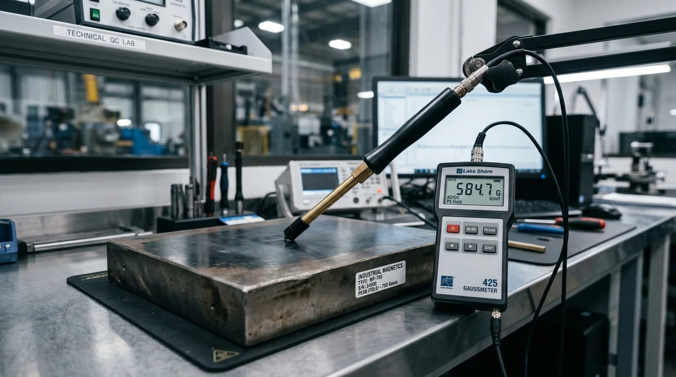 Magnetismo industrial e aplicações: gaussímetro mede bloco de metal para tecnologia de separação magnética na indústria.