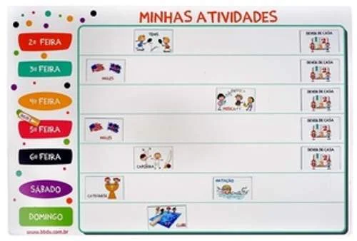 Mural de atividades magnético para crianças autistas, com dias da semana e ímãs ilustrados para organizar tarefas.