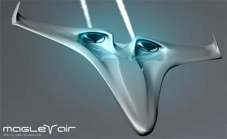 Avião futurista MagLevair, design translúcido prateado com cabines duplas em luz azul, para decolagem magnética.