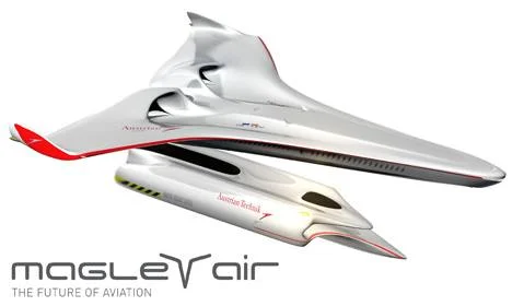 Conceito de avião futurista prateado decolando de plataforma Maglev. Propulsão por levitação magnética com ímãs.