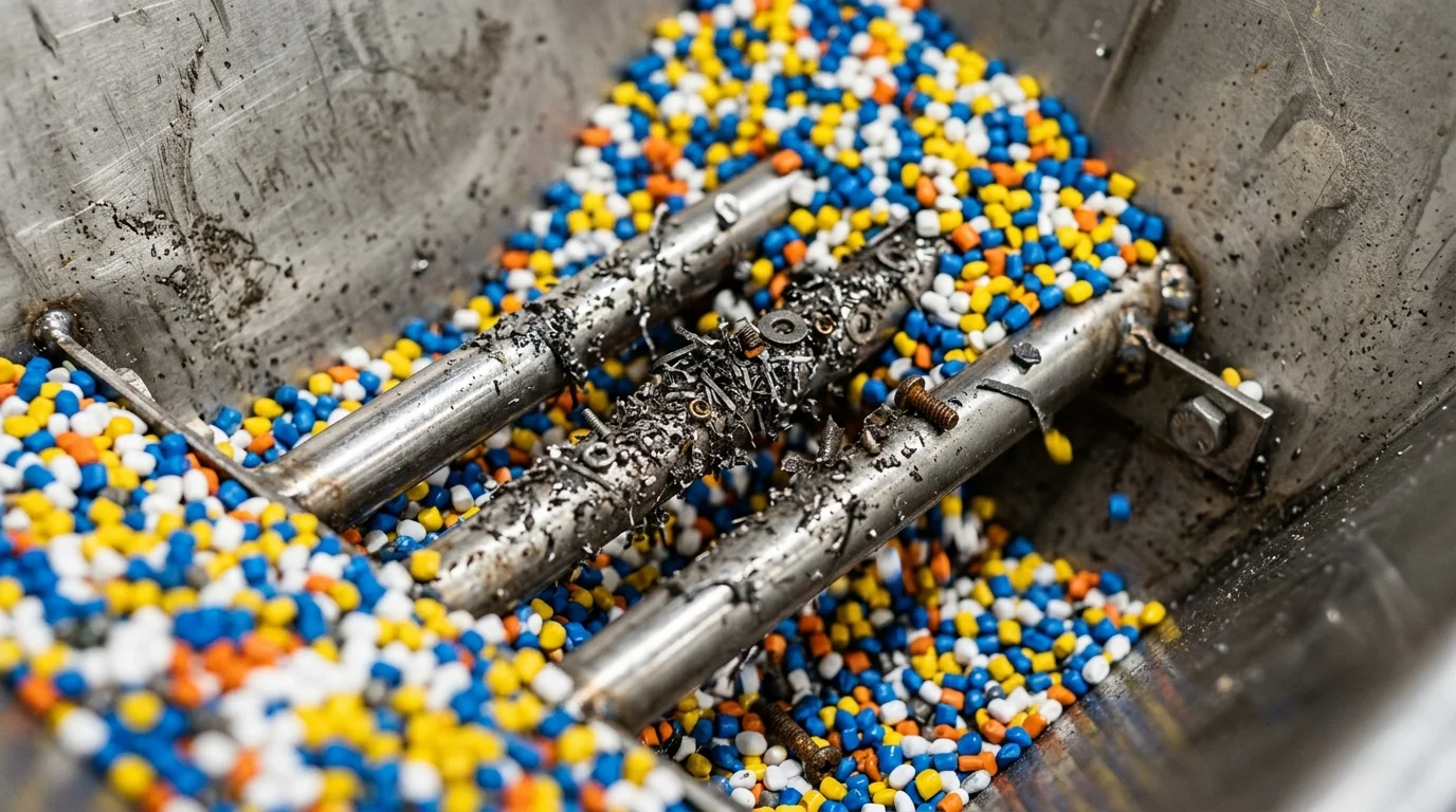 Grade magnética para injeção plástica retendo metais e parafusos entre grânulos coloridos, evitando paradas de máquina.