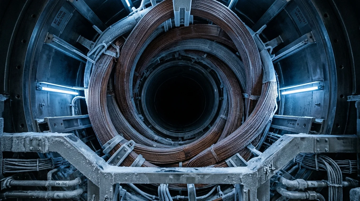 Ímã mais forte do mundo na prática industrial: bobinas de cobre espiraladas em estrutura metálica com gelo e luzes azuis.
