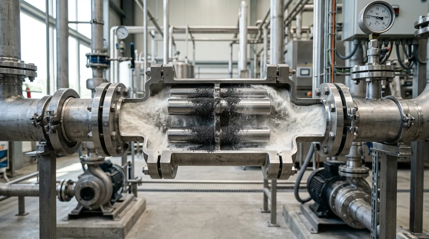 Separador magnético industrial: barras metálicas retendo partículas ferrosas em fluxo de pó branco na linha de produção.