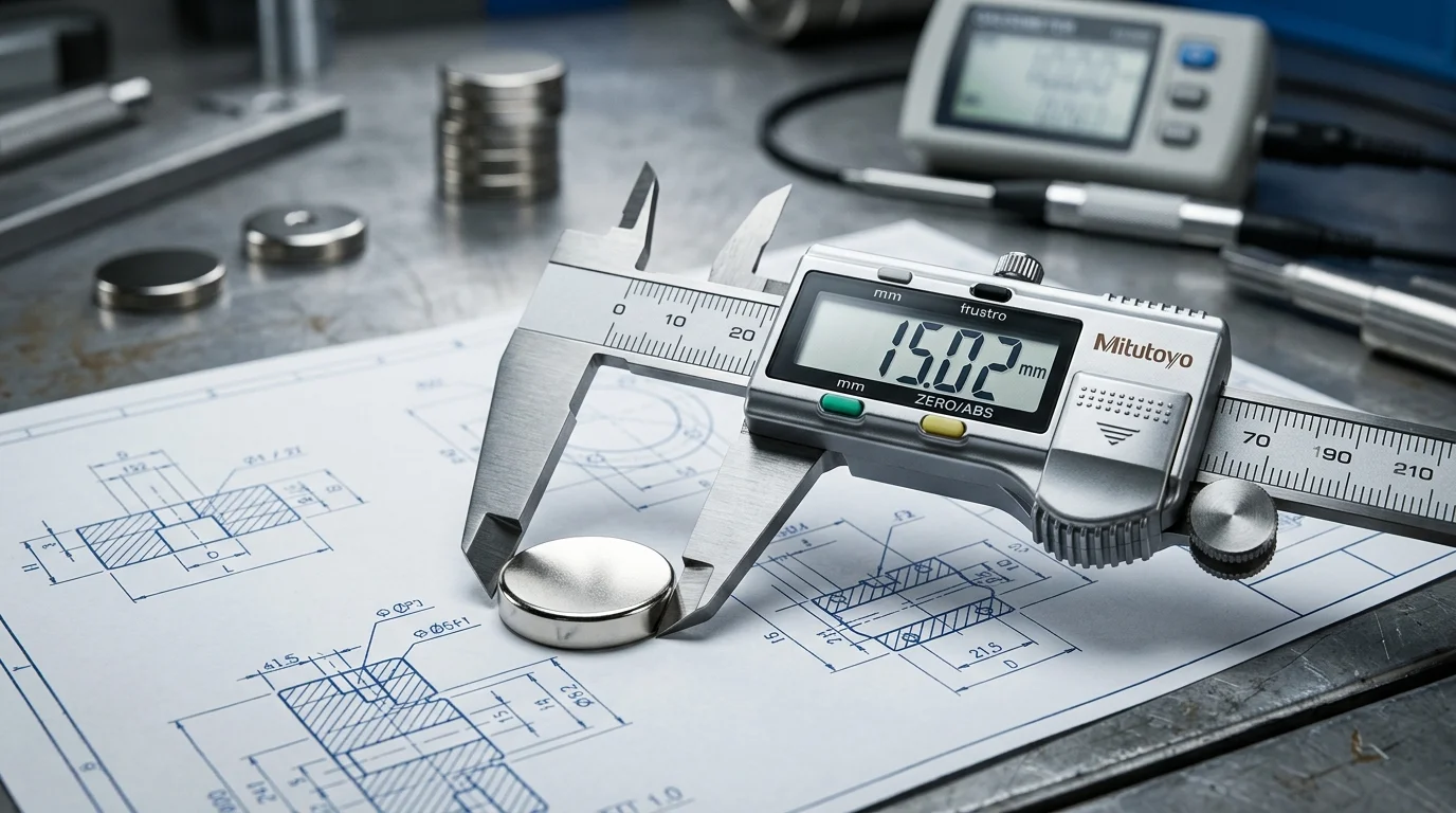 Ímã de neodímio em disco medido por paquímetro digital sobre projeto técnico, com peças metálicas circulares ao fundo.