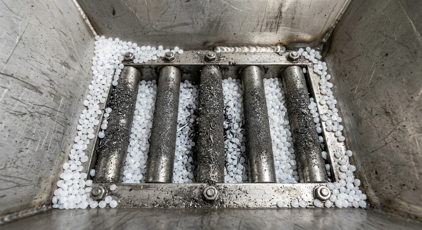 Ímã industrial em grade retendo limalhas de metal em grânulos plásticos brancos dentro de um funil metálico de fábrica.