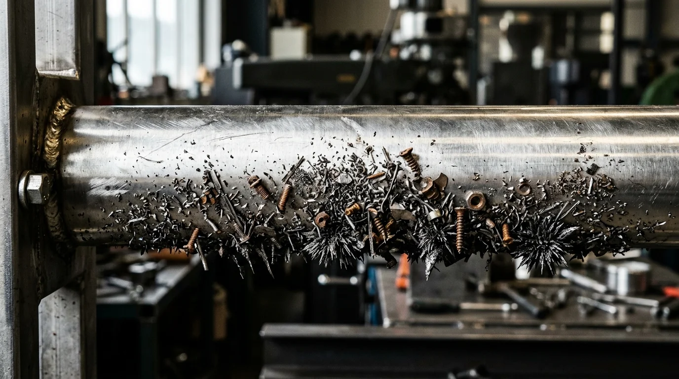 Separação magnética na indústria: barra de aço com resíduos metálicos, parafusos e limalhas grudados por magnetismo.