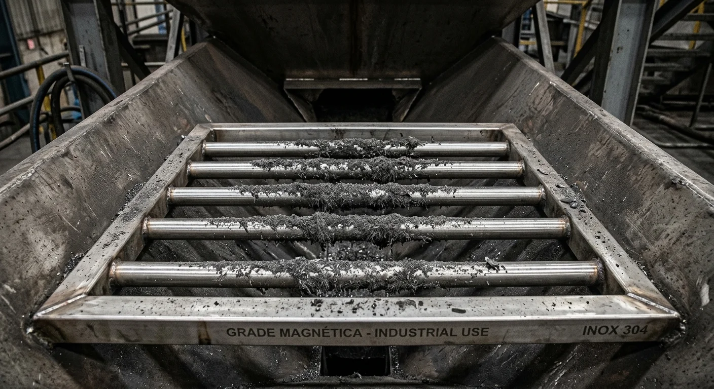 Grade magnética inox 304 para separação magnética com partículas ferrosas presas aos tubos horizontais dentro de um funil.