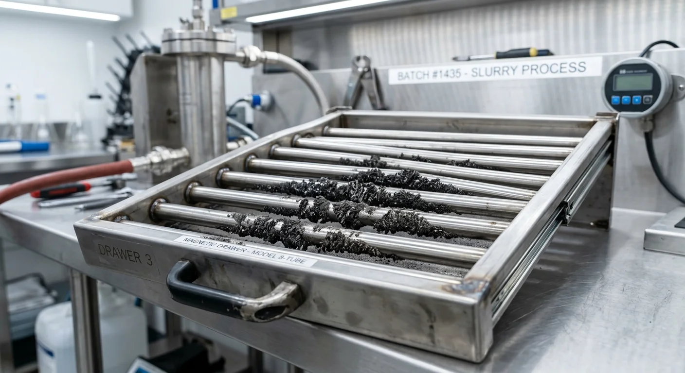 Separador magnético para indústria alimentícia: gaveta de inox com tubos paralelos retendo partículas metálicas escuras.