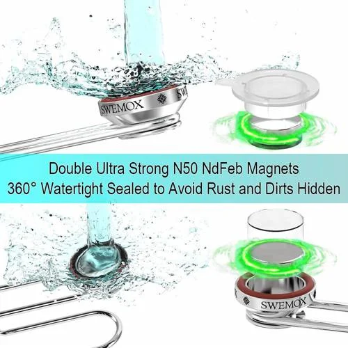 Suporte de pia magnético para esponja. Componentes Swemox em metal, com ímãs vedados sob água e com campo magnético verde.