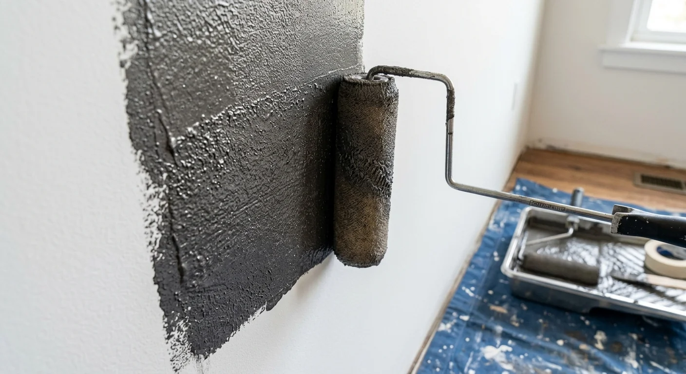 Tintas magnéticas aplicadas com rolo em parede branca, criando camada cinza texturizada. Bandeja de pintura visível ao fundo.