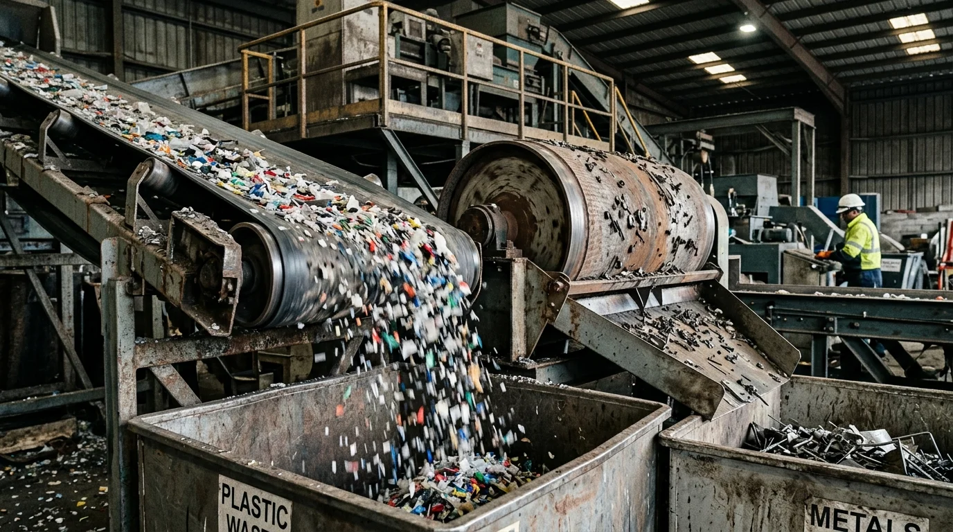Separador magnético em aplicação industrial: tambor separando metais de resíduos plásticos coloridos em esteiras e caçambas.