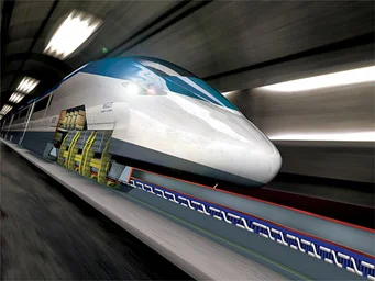 Trem de levitação magnética branco e azul futurista, com componentes amarelos na pista, deslizando rápido em túnel. Transporte no Brasil.