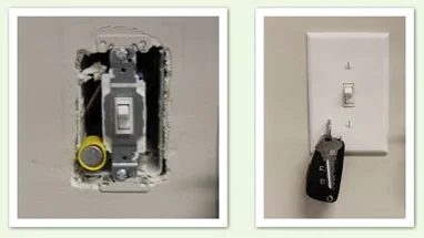 Utilidades para ímãs: ímã fixado em caixa de interruptor de luz, e chaves penduradas por ímã em interruptor de parede.