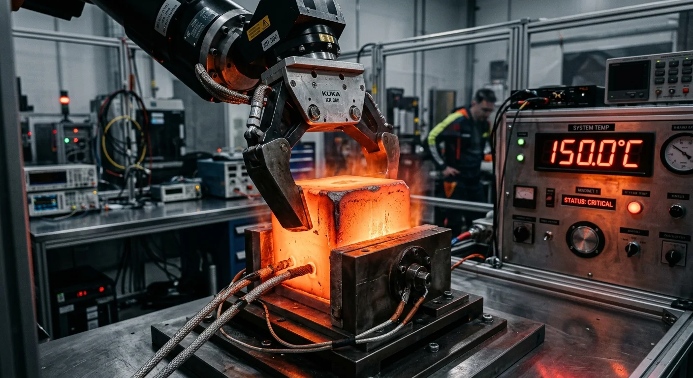 Braço robótico manipula bloco incandescente a 150°C. Como a temperatura afeta o campo magnético na indústria técnica.
