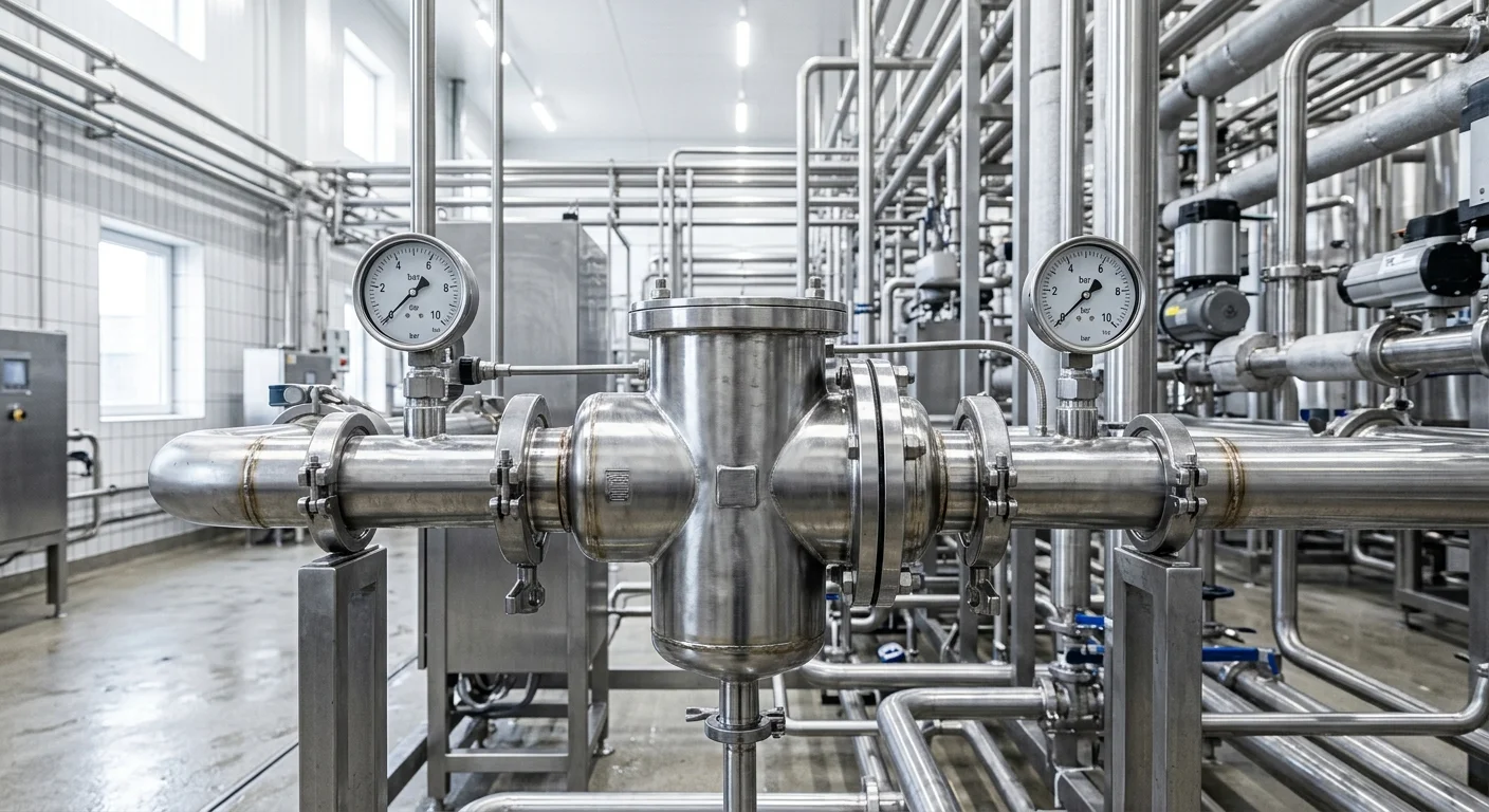 Filtro magnético de aço inox em tubulação industrial, com dois manômetros de pressão e conexões flangeadas metálicas.