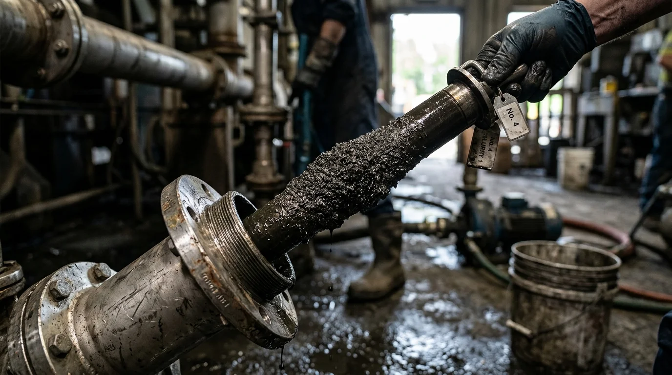 Ímã para ambientes industriais severos: barra magnética com resíduo metálico denso sendo removida de tubulação flangeada.