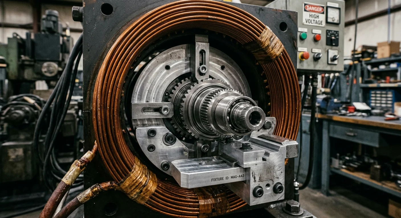 Magnetizador industrial na prática: bobinas de cobre circulares em volta de eixo central metálico em cenário de oficina real.