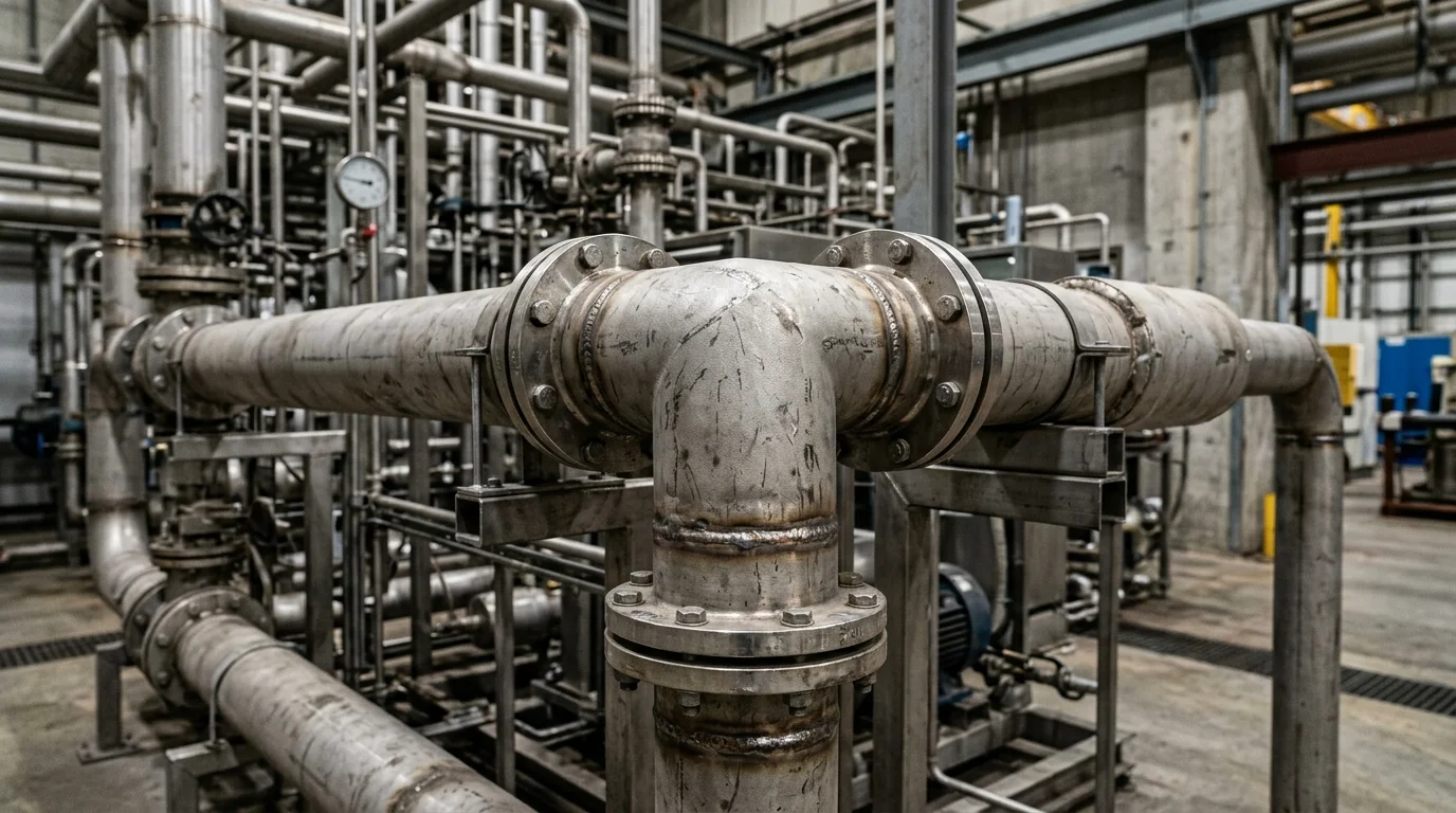 Filtro magnético com erro de instalação em tubulação industrial de aço, conexões flangeadas e juntas metálicas parafusadas.
