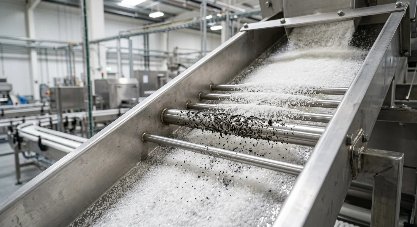 Separador magnético industrial: partículas metálicas em barras sob grânulos brancos. Gauss vs força de tração na indústria.