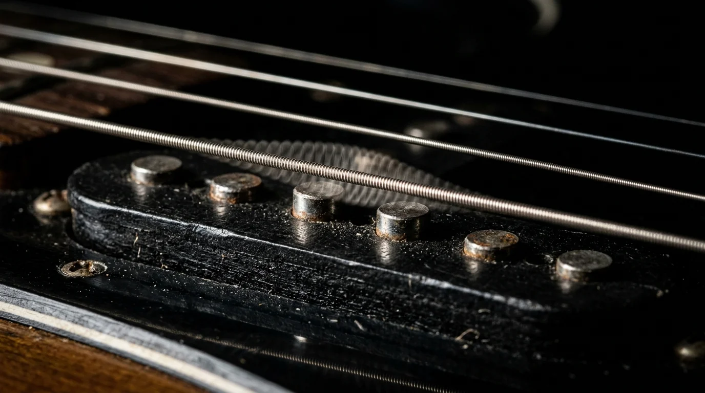 Ímãs em guitarras e contra baixos: polos magnéticos cilíndricos em captador preto sob cordas metálicas em vibração.